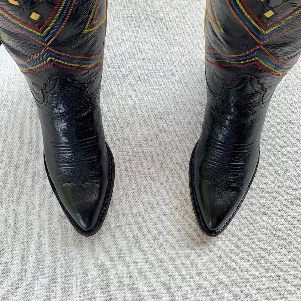 Larry Mahan Rare Vintage Aztec Beaded Fringe Black Leather Cowboy Western Boots - Picture 8 of 10